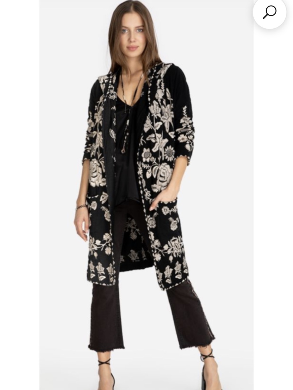 Johnny Was Lior Black Duster with Cream Floral Embroidery